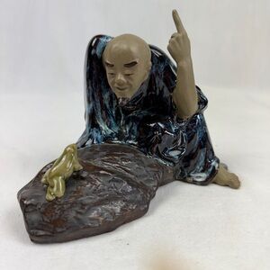 Chinese Mud Man Buddhist Zen Monk/Scholar w/ Frog Glazed Ceramic Statue Figurine